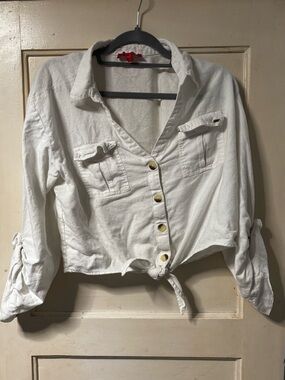 G by Guess White Button-Front Tie Waist Shirt
